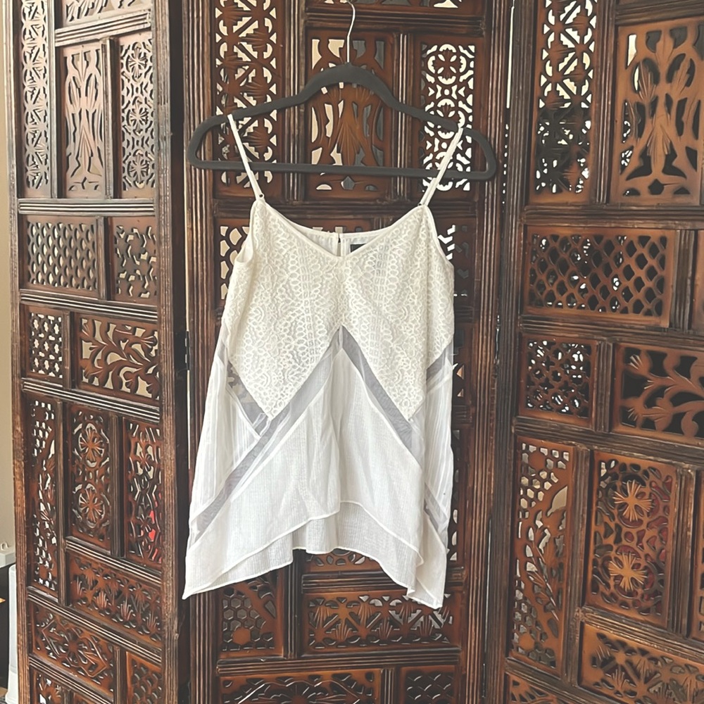 Cora lightweight BCBG cami. Sheer side Mesh lace paneling throughout. V Neck.